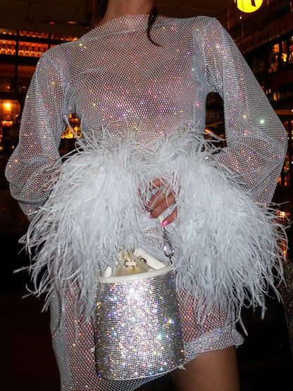 Maeve | Sequined Feather Cuff Cocktail Mini Dress
