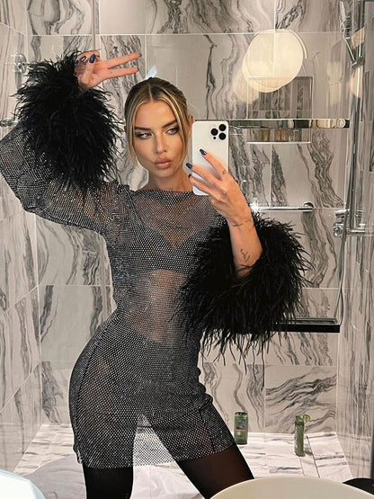 Maeve | Sequined Feather Cuff Cocktail Mini Dress