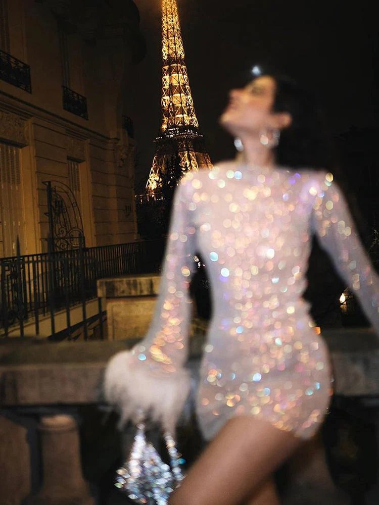 Maeve | Sequined Feather Cuff Cocktail Mini Dress