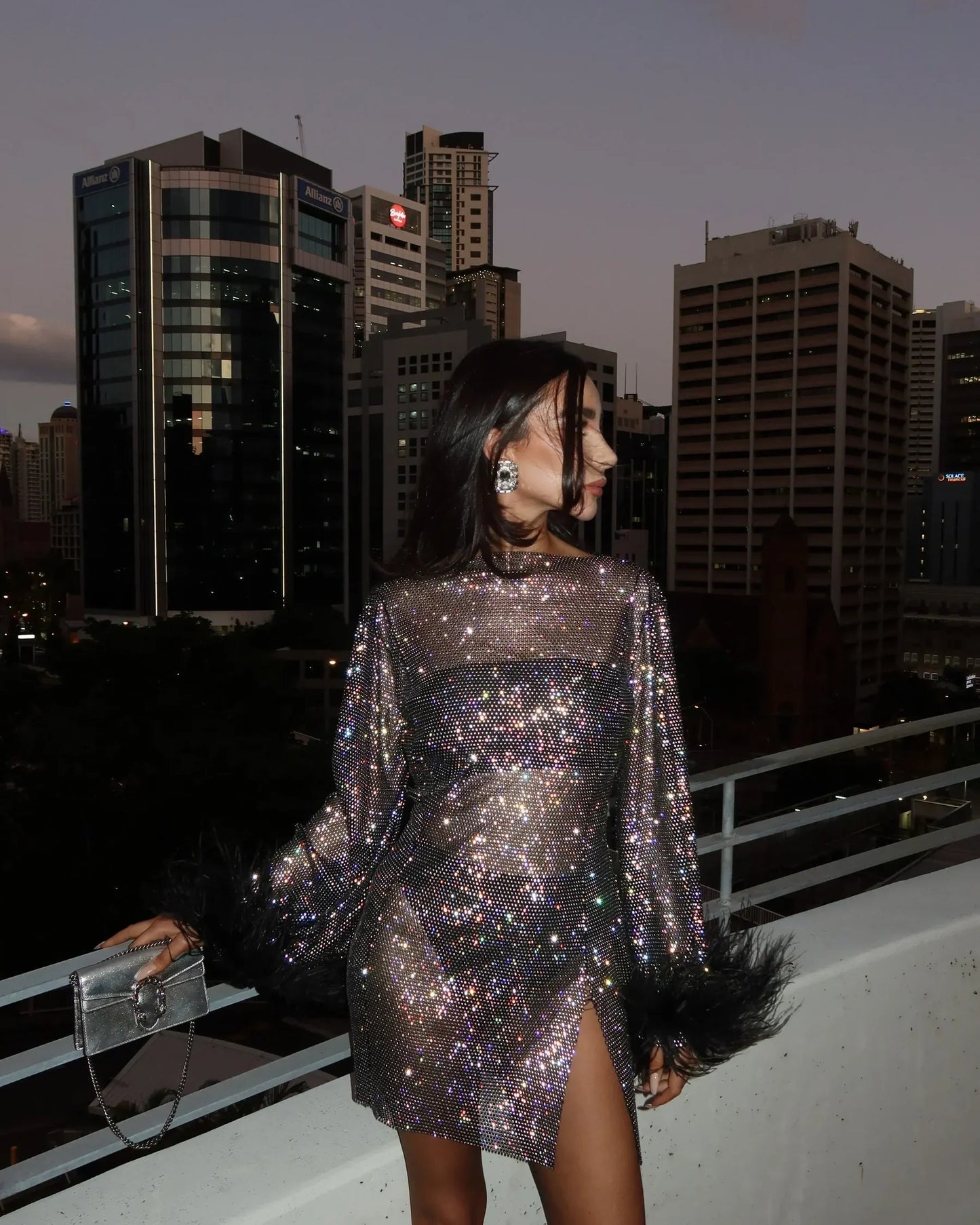 Maeve | Sequined Feather Cuff Cocktail Mini Dress