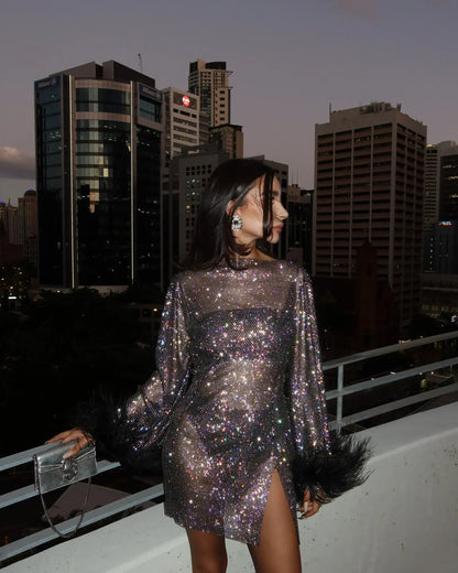 Maeve | Sequined Feather Cuff Cocktail Mini Dress
