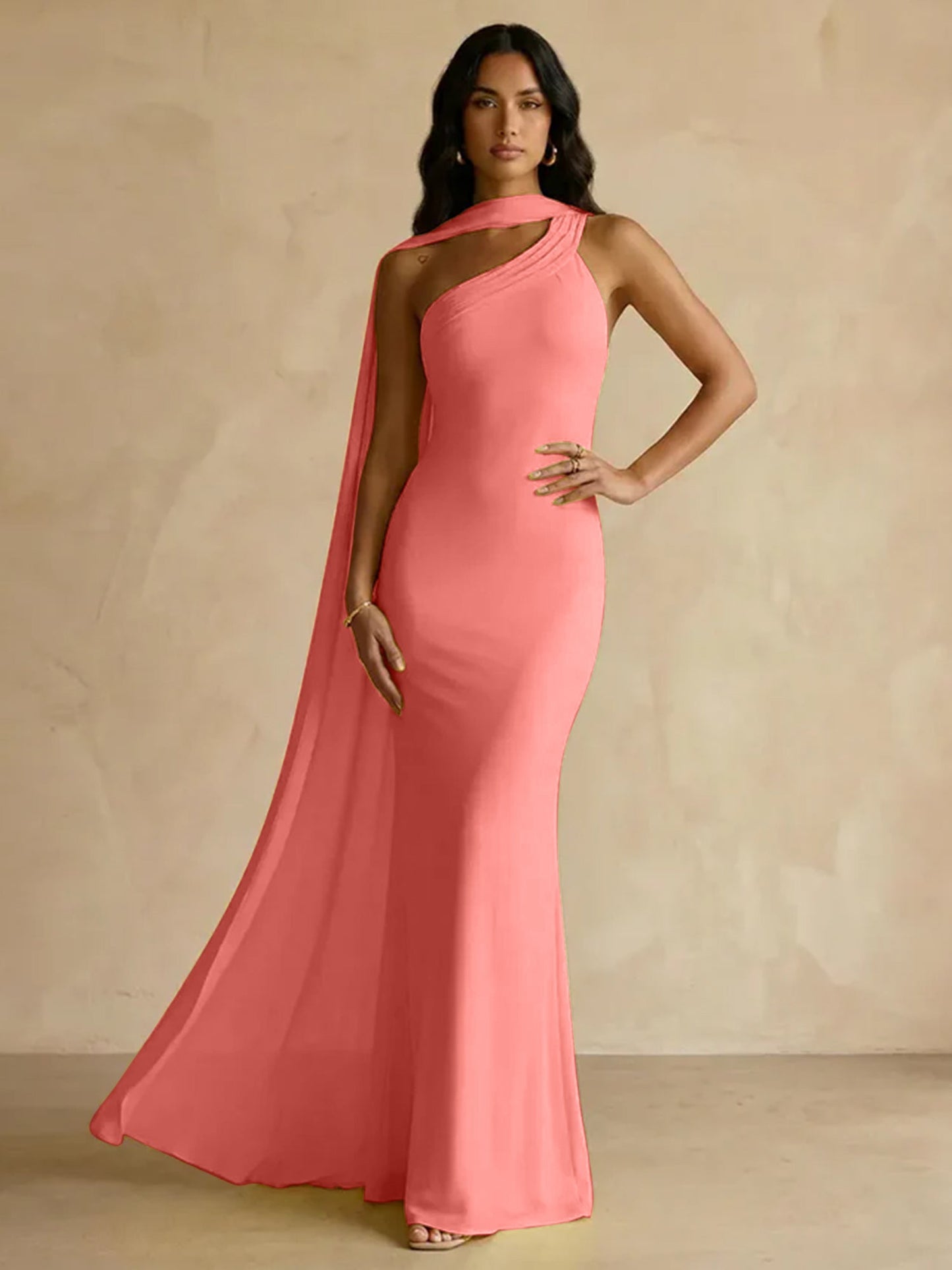 Capey | One Shoulder Crepe Sheath Chiffon Bridesmaid Dress