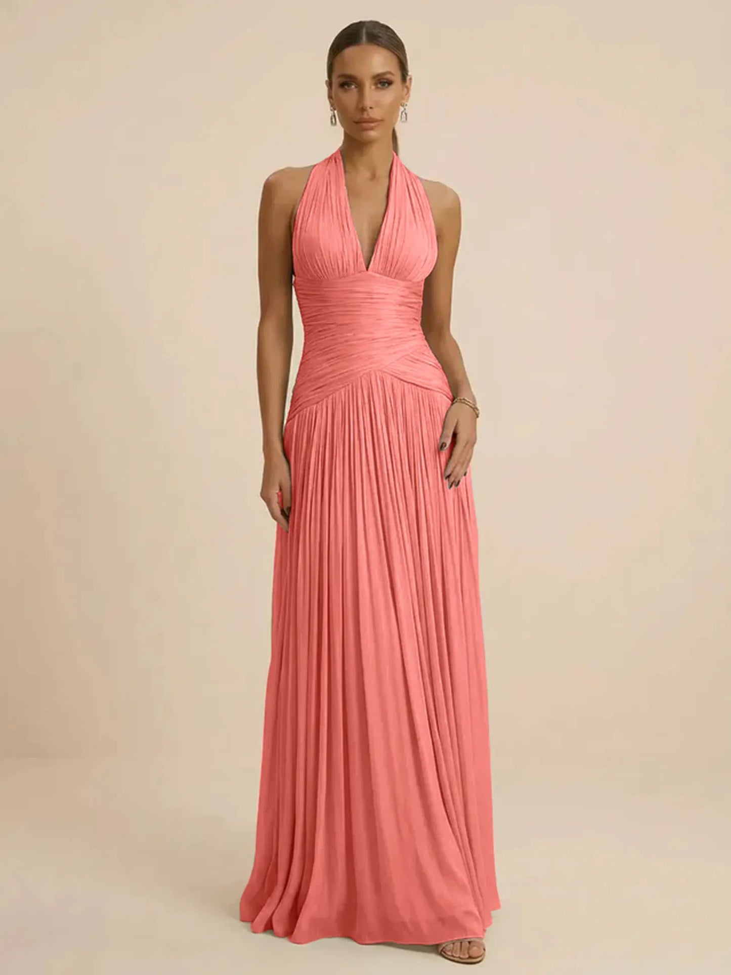 Sage | Halter Neck Pleated Ruched Chiffon Summer Wedding Guest Dress