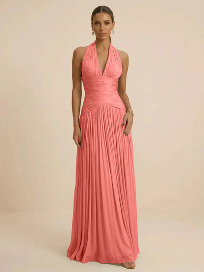 Sage | Halter Neck Pleated Ruched Chiffon Summer Wedding Guest Dress