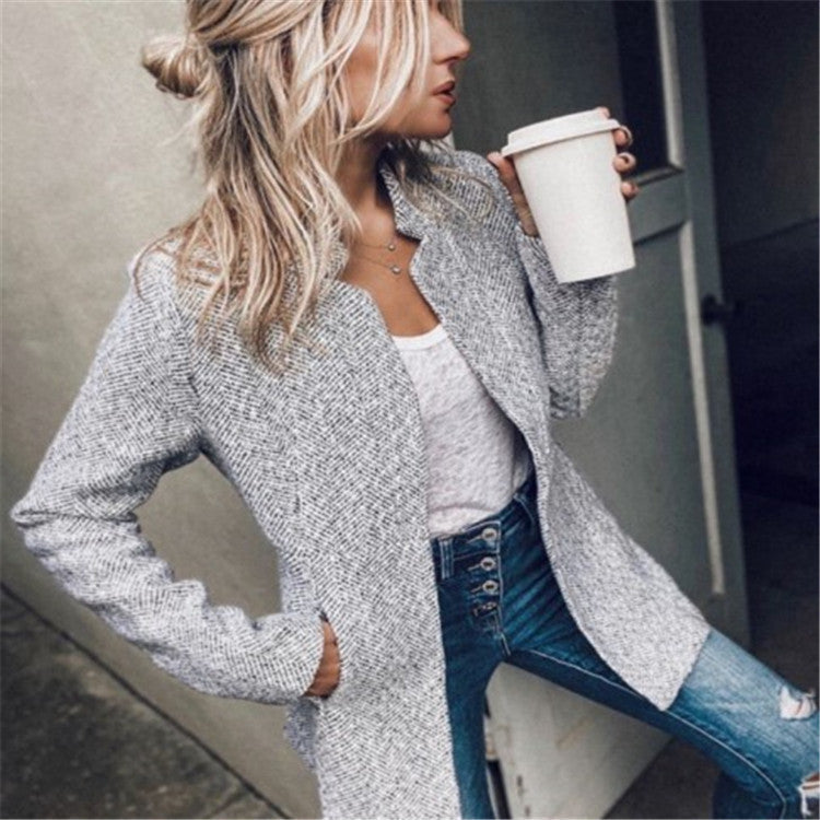 Women's Herringbone Textured Blazer Collarless Open Front Coat