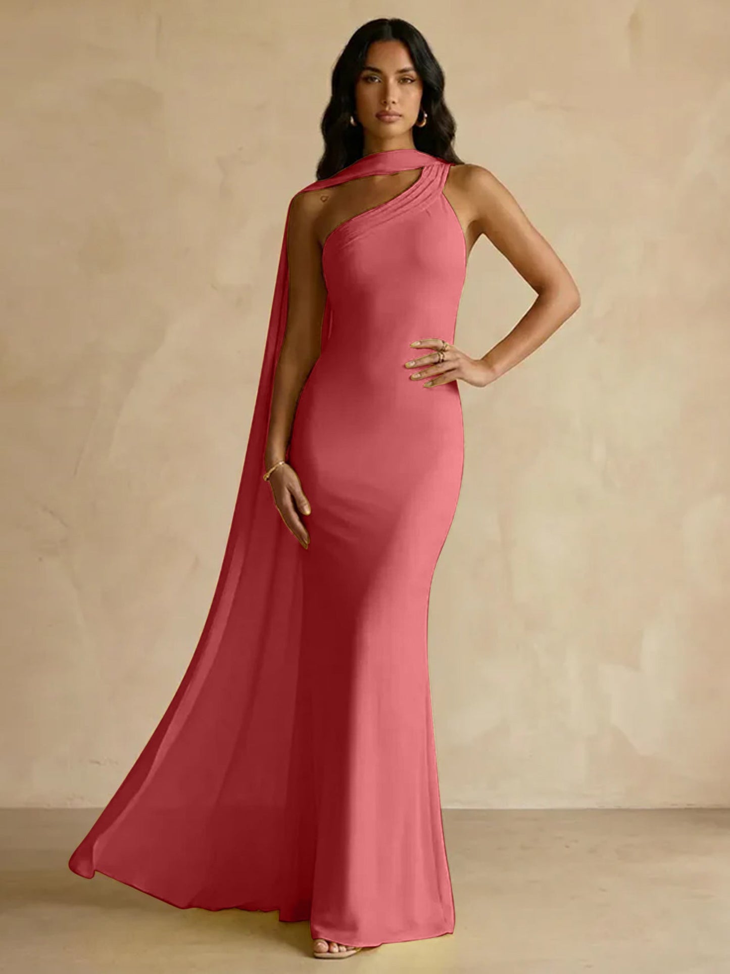 Capey | One Shoulder Crepe Sheath Chiffon Bridesmaid Dress