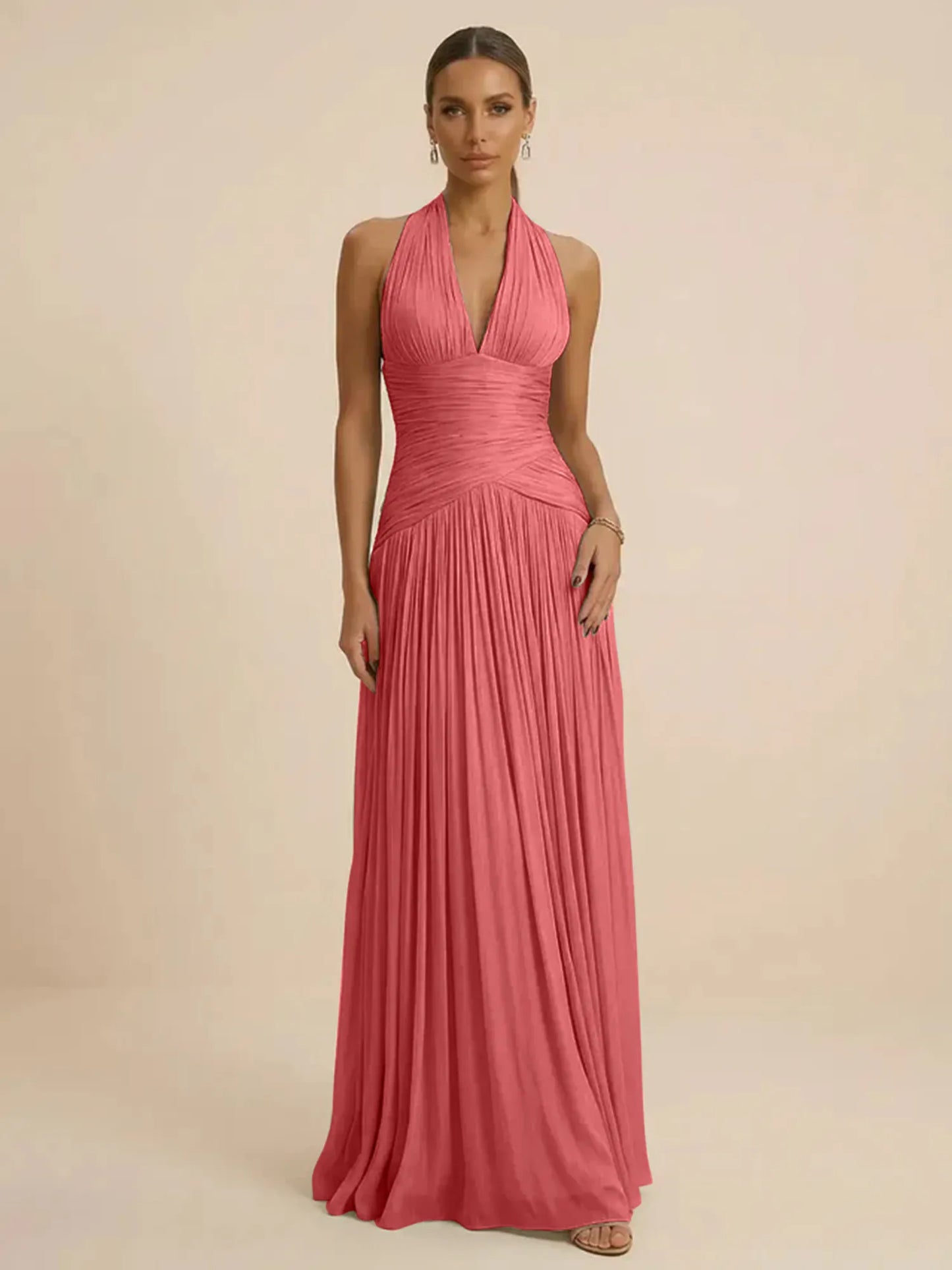 Sage | Halter Neck Pleated Ruched Chiffon Summer Wedding Guest Dress