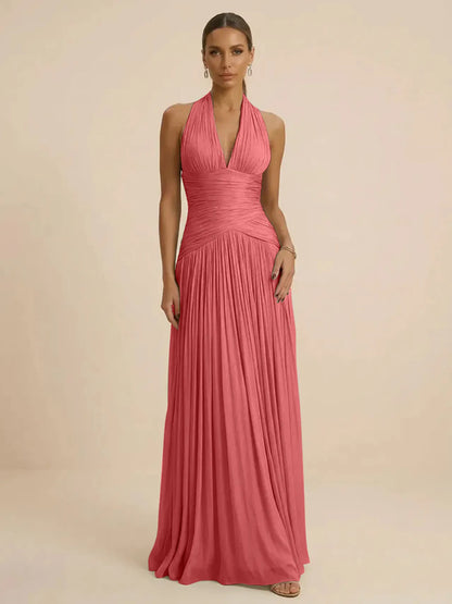 Sage | Halter Neck Pleated Ruched Chiffon Summer Wedding Guest Dress