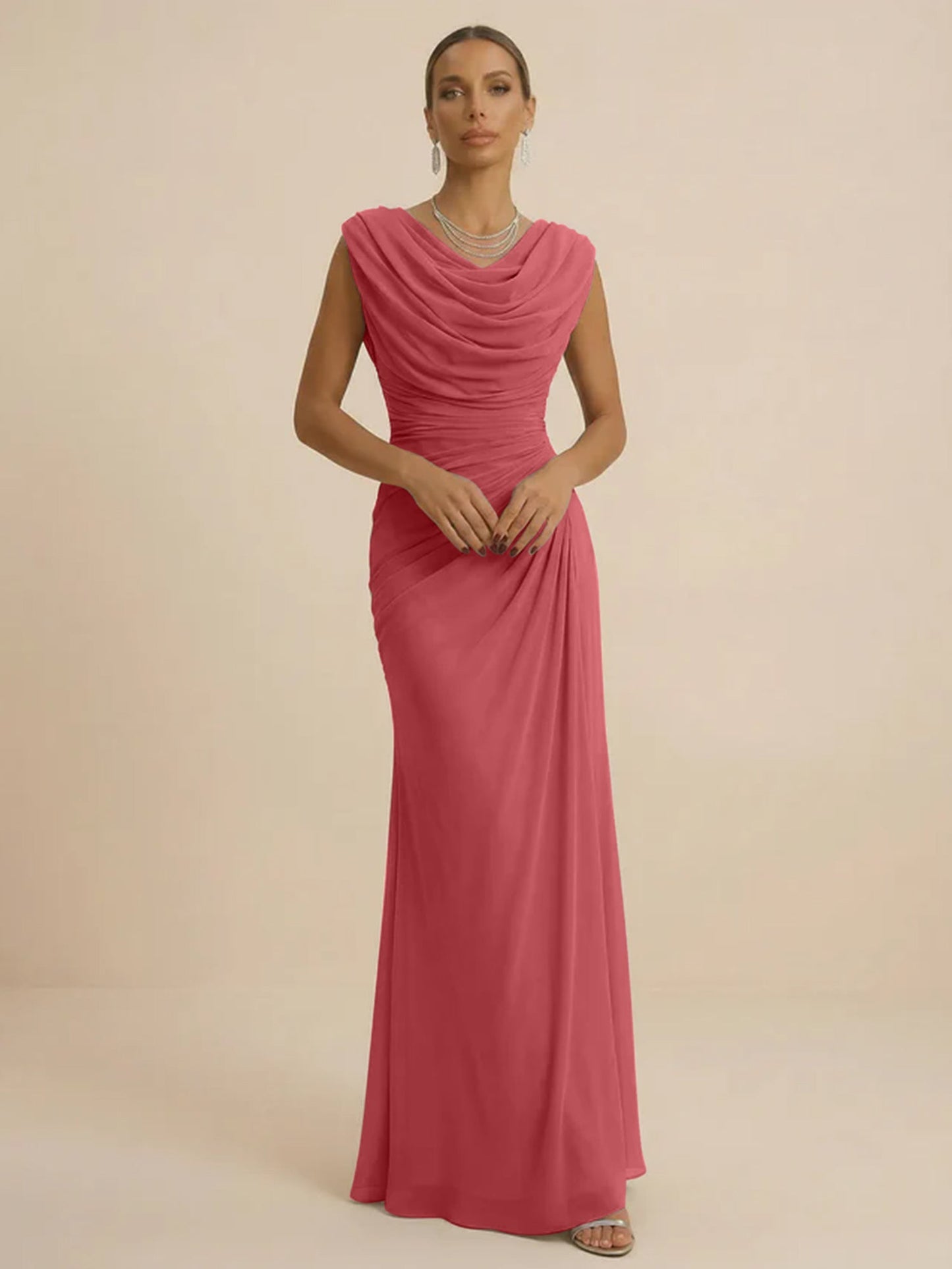 Mist | Draped Cowl Neck Ruched Chiffon Wedding Guest Dress