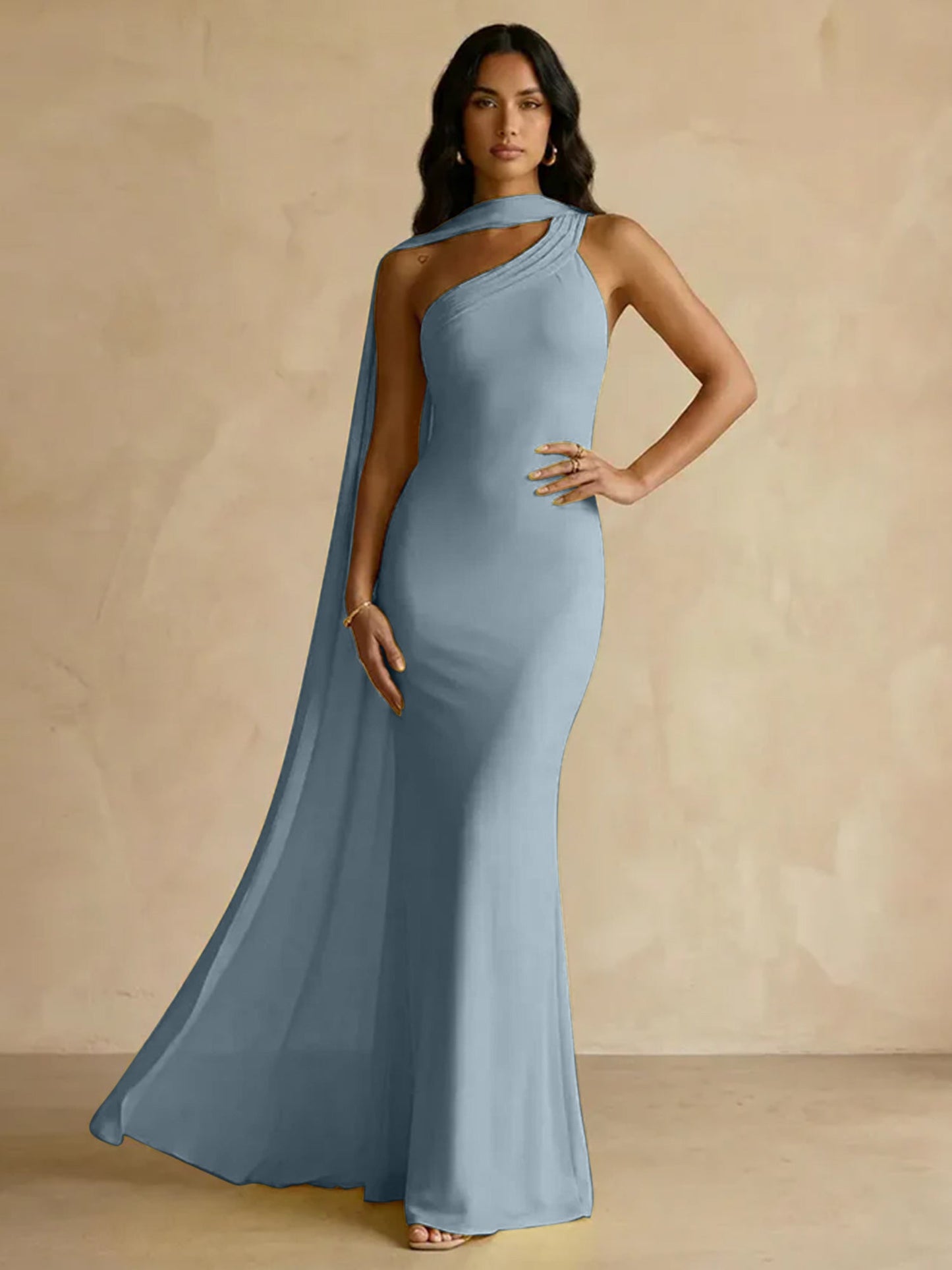 Capey | One Shoulder Crepe Sheath Chiffon Bridesmaid Dress