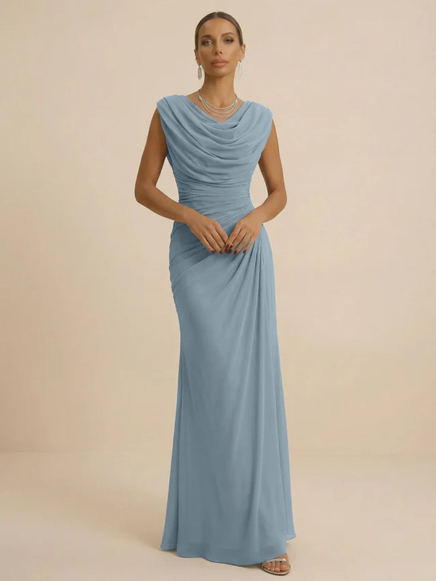 Mist | Draped Cowl Neck Ruched Chiffon Wedding Guest Dress