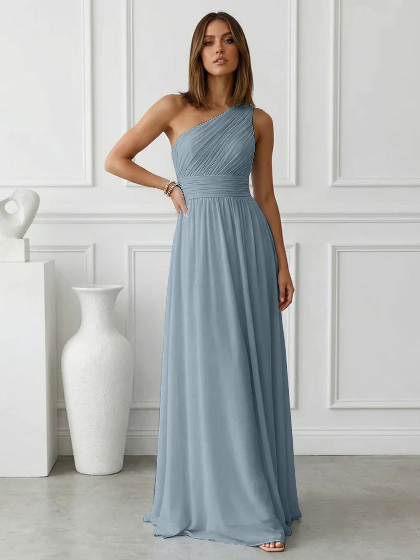 Azure | One Shoulder Ruched Chiffon Maxi Formal Bridesmaid Dress