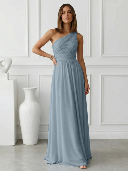 Azure | One Shoulder Ruched Chiffon Maxi Formal Bridesmaid Dress