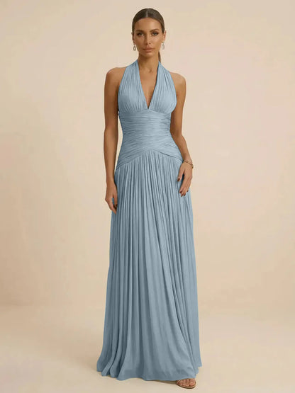 Sage | Halter Neck Pleated Ruched Chiffon Summer Wedding Guest Dress