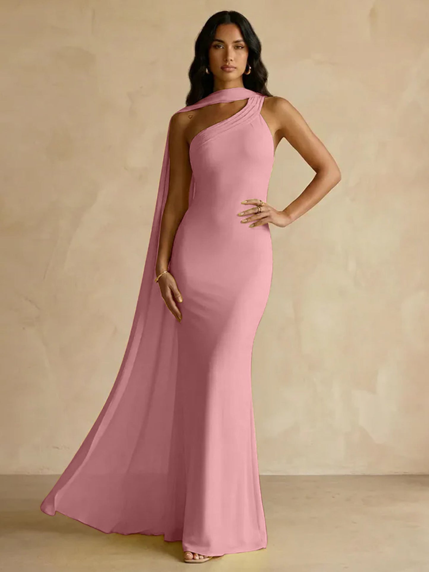 Capey | One Shoulder Crepe Sheath Chiffon Bridesmaid Dress