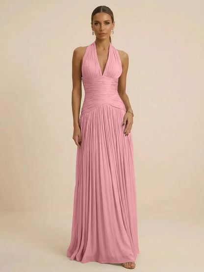 Sage | Halter Neck Pleated Ruched Chiffon Summer Wedding Guest Dress