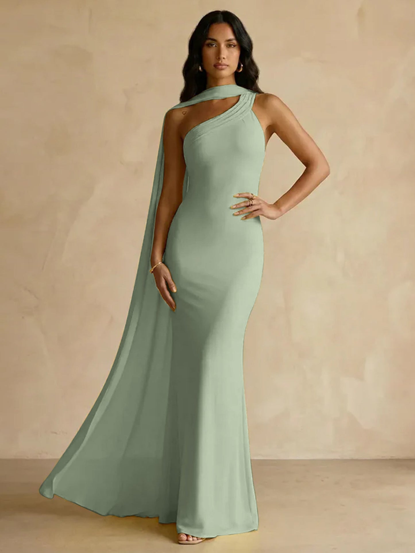 Capey | One Shoulder Crepe Sheath Chiffon Bridesmaid Dress