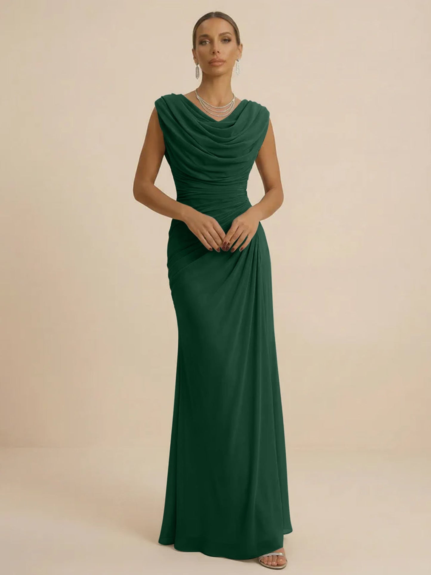 Mist | Draped Cowl Neck Ruched Chiffon Wedding Guest Dress