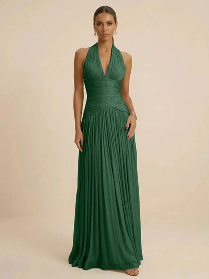 Sage | Halter Neck Pleated Ruched Chiffon Summer Wedding Guest Dress