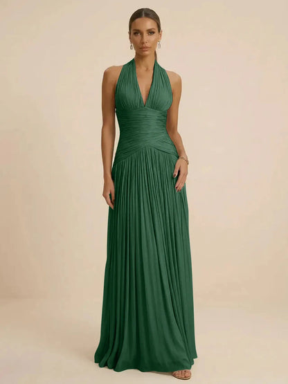 Sage | Halter Neck Pleated Ruched Chiffon Summer Wedding Guest Dress
