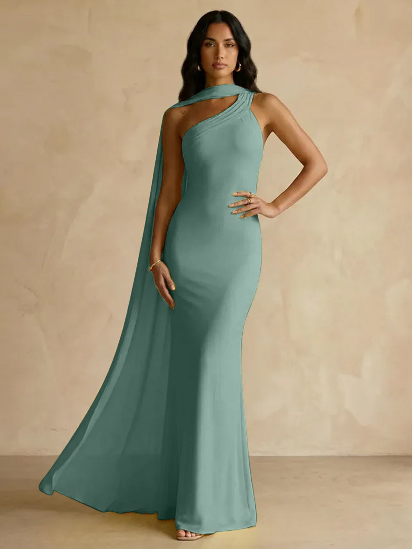 Capey | One Shoulder Crepe Sheath Chiffon Bridesmaid Dress