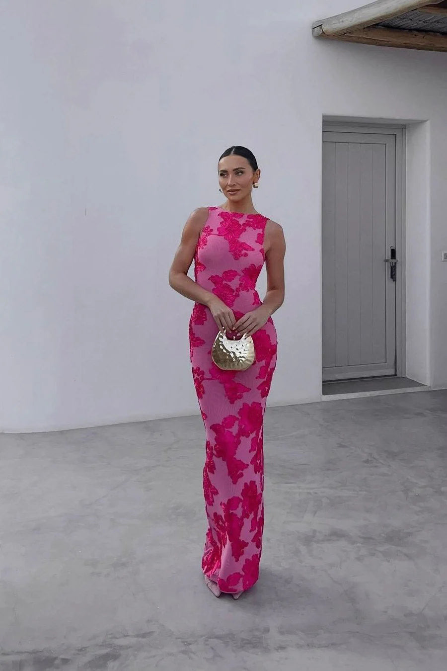 Athena | Botanical Print Embroidered Sleeveless Summer Maxi Dress