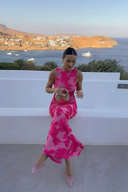 Athena | Botanical Print Embroidered Sleeveless Summer Maxi Dress