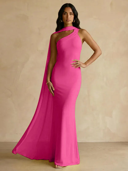 Capey | One Shoulder Crepe Sheath Chiffon Bridesmaid Dress