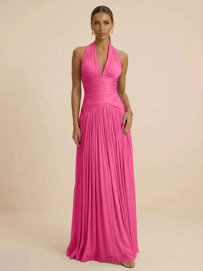 Sage | Halter Neck Pleated Ruched Chiffon Summer Wedding Guest Dress