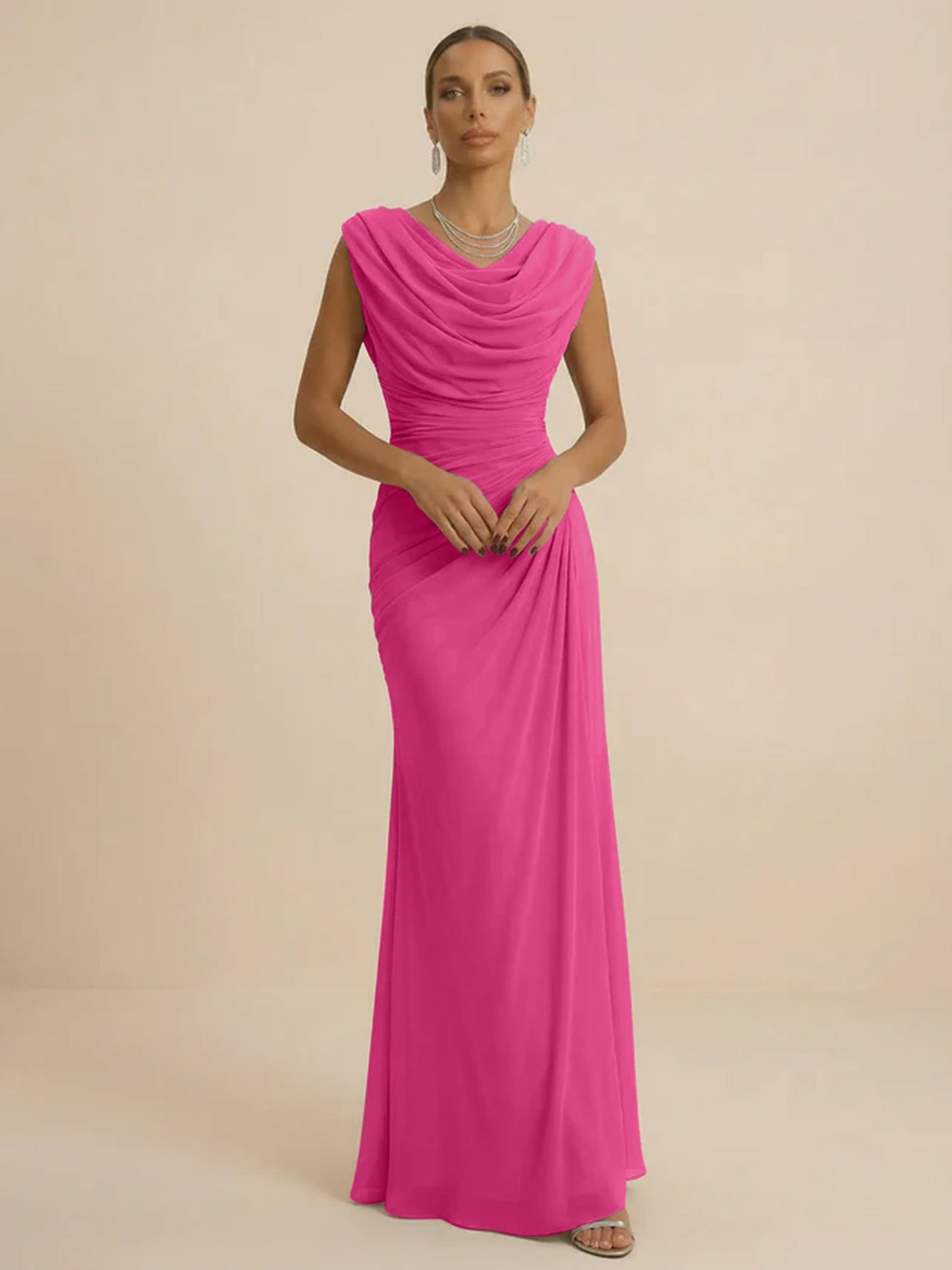 Mist | Draped Cowl Neck Ruched Chiffon Wedding Guest Dress