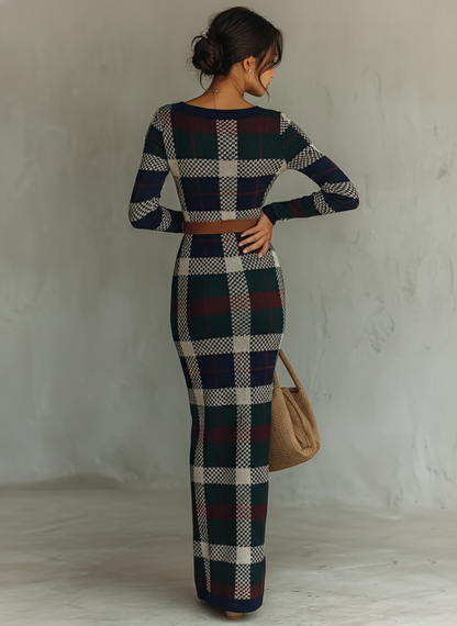 Women's Check Knit Belted Square Neck Maxi Dress