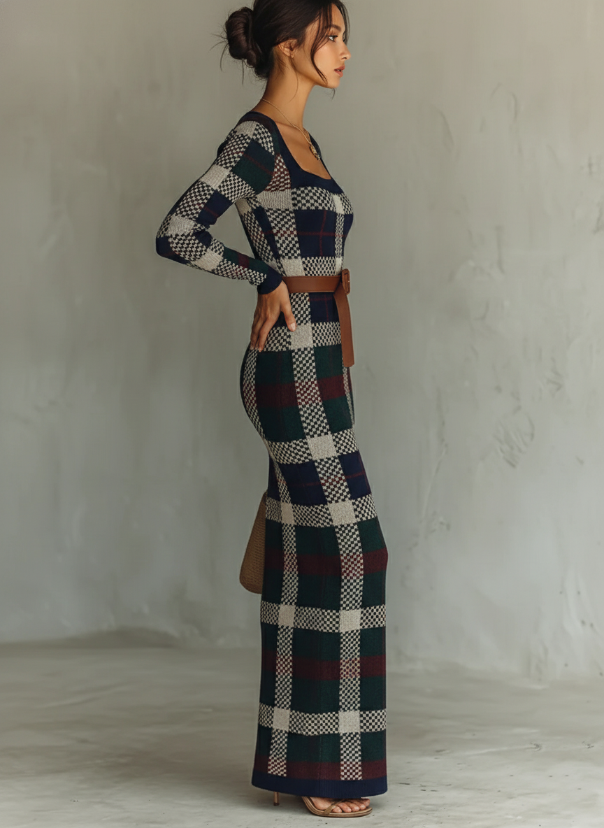 Women's Check Knit Belted Square Neck Maxi Dress