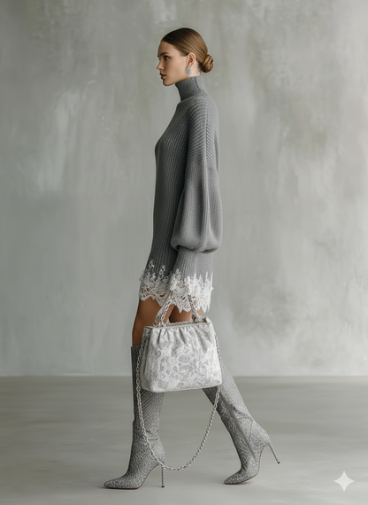 Women's Grey Lace Trim Turtleneck Knit Mini Dress
