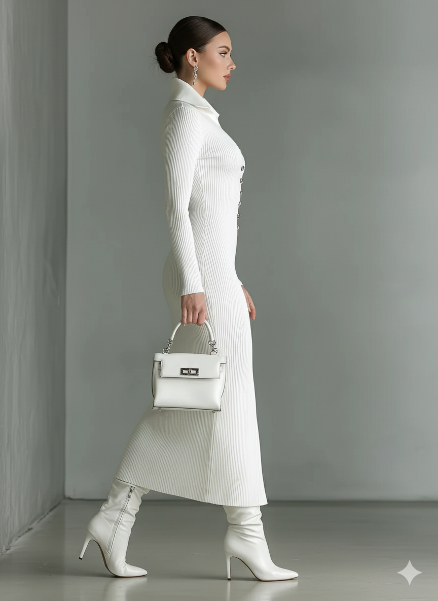 Women's White Polo Neck Slim Knit Midi Dress