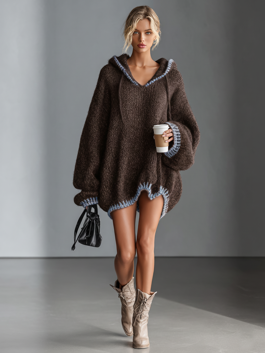 Women's Hooded Pink Trim Knit Mini Dress