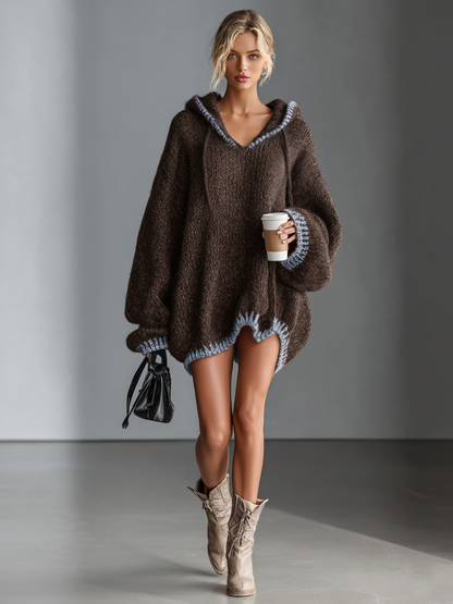 Women's Hooded Pink Trim Knit Mini Dress