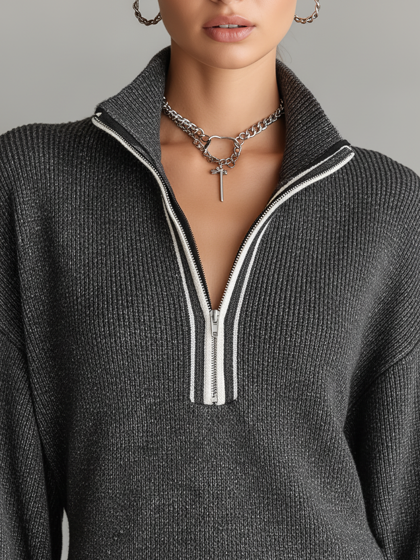 Women's Zip Polo Neck Knit Mini Dress