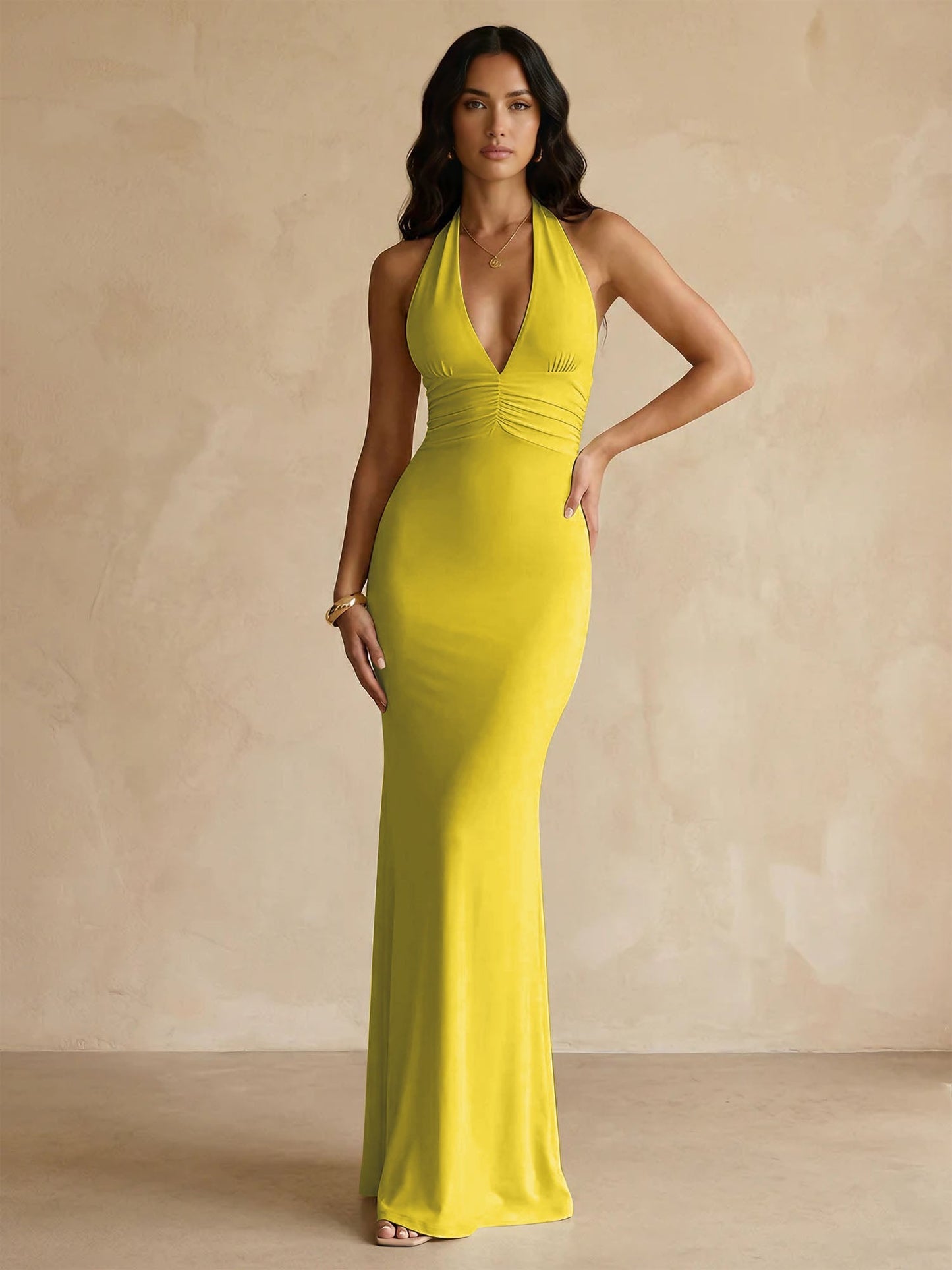 Halter Neck Pleated Mermaid Maxi Bridesmaid Dress