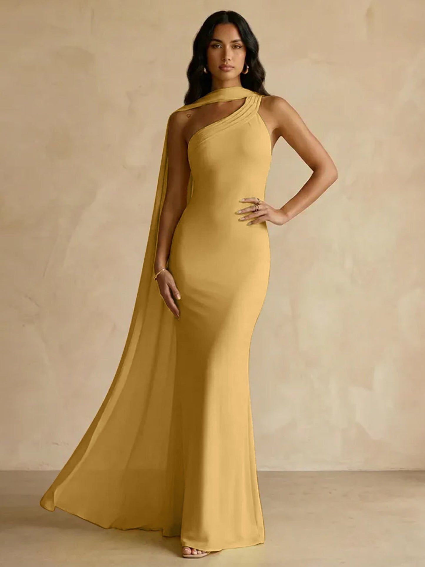 Capey | One Shoulder Crepe Sheath Chiffon Bridesmaid Dress