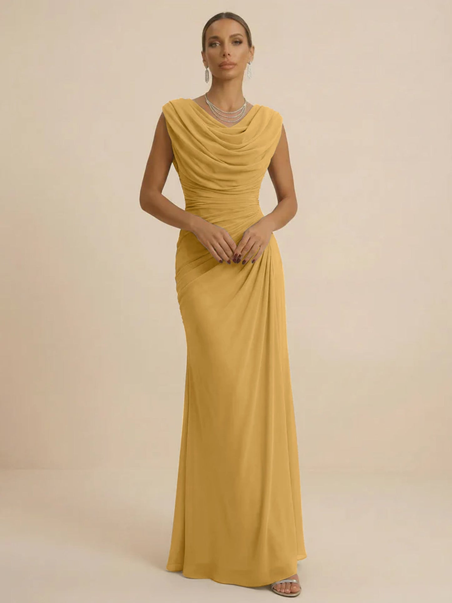 Mist | Draped Cowl Neck Ruched Chiffon Wedding Guest Dress
