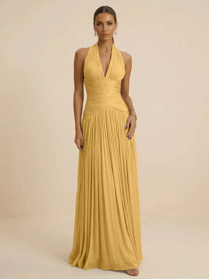 Sage | Halter Neck Pleated Ruched Chiffon Summer Wedding Guest Dress
