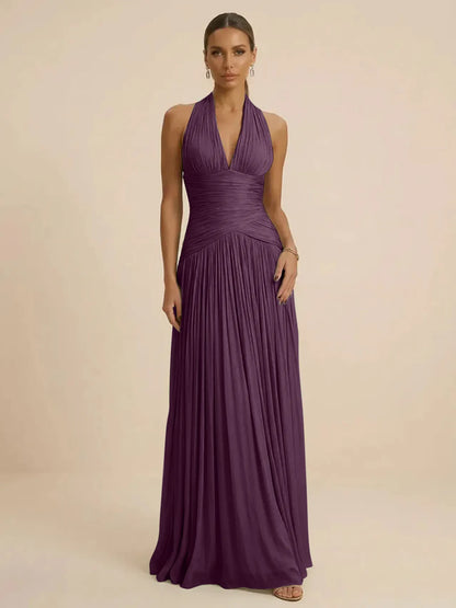 Sage | Halter Neck Pleated Ruched Chiffon Summer Wedding Guest Dress
