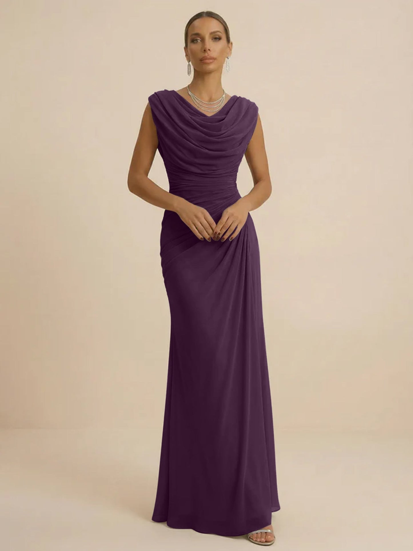 Mist | Draped Cowl Neck Ruched Chiffon Wedding Guest Dress