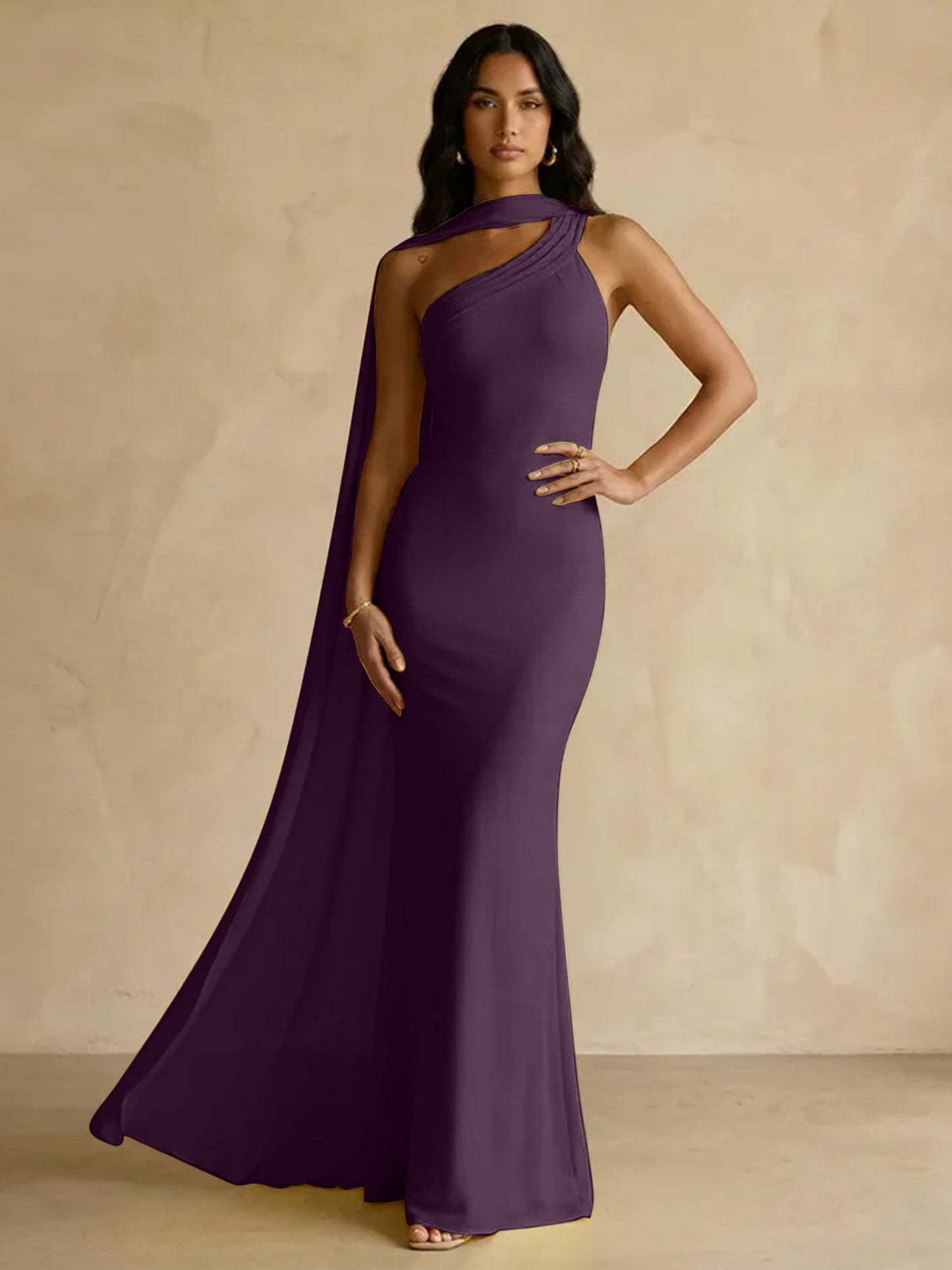 Capey | One Shoulder Crepe Sheath Chiffon Bridesmaid Dress