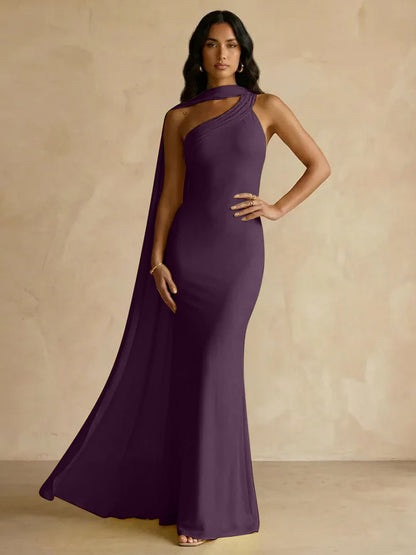 Capey | One Shoulder Crepe Sheath Chiffon Bridesmaid Dress