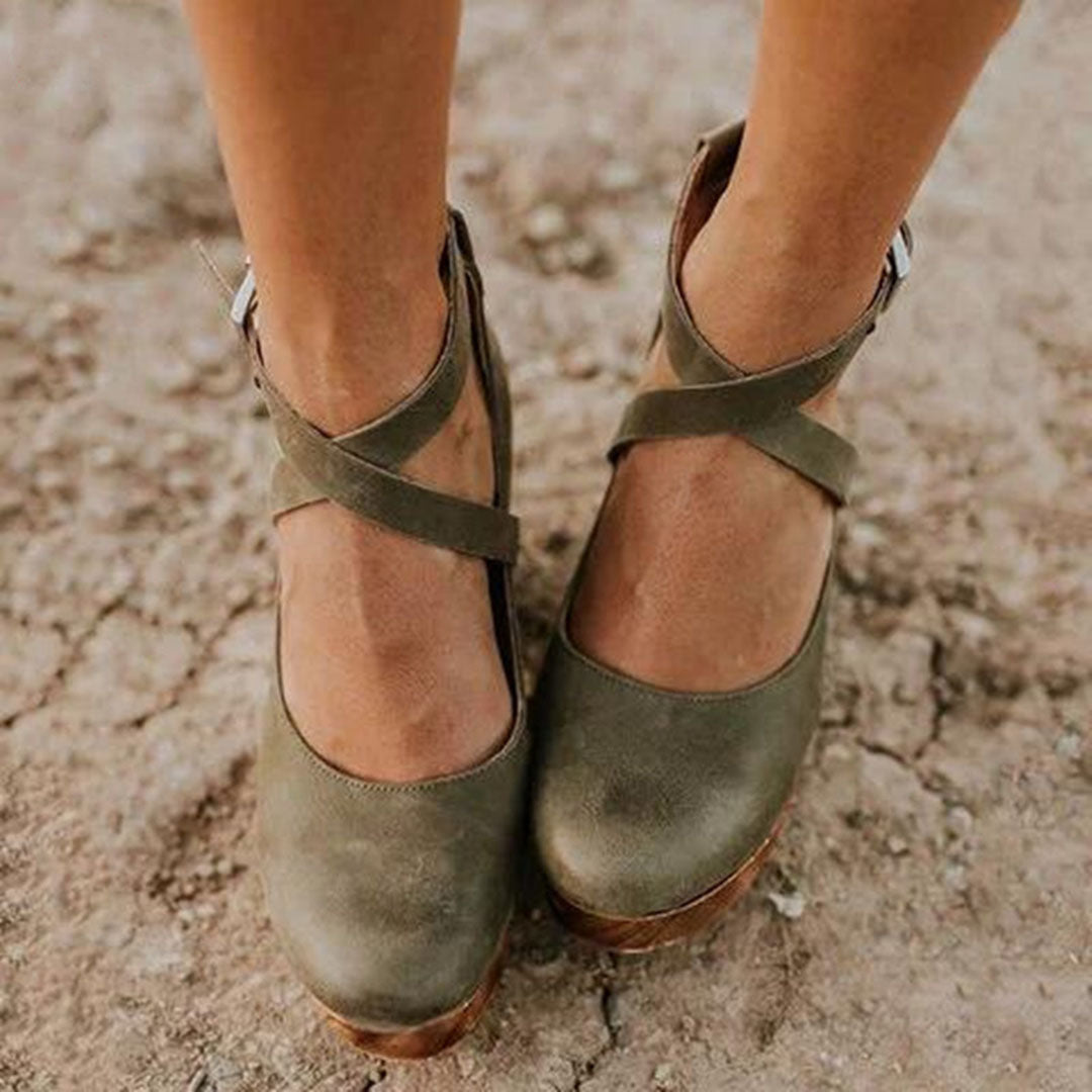 Aspen | Crossover Ankle Strap Wooden Wedge-Heel Heels