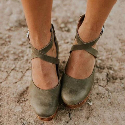 Aspen | Crossover Ankle Strap Wooden Wedge-Heel Heels