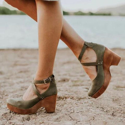 Aspen | Crossover Ankle Strap Wooden Wedge-Heel Heels