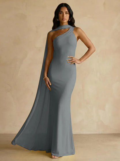 Capey | One Shoulder Crepe Sheath Chiffon Bridesmaid Dress
