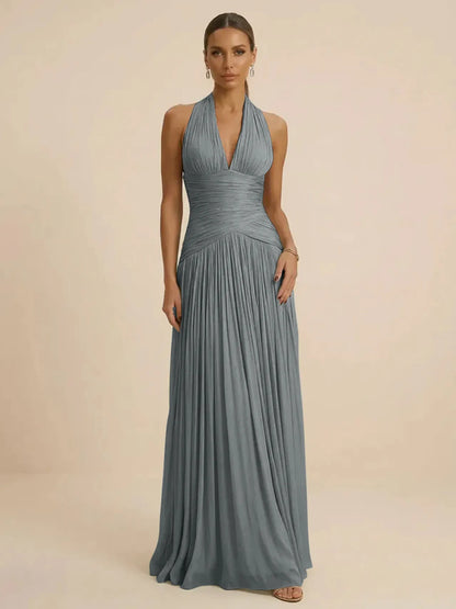 Sage | Halter Neck Pleated Ruched Chiffon Summer Wedding Guest Dress